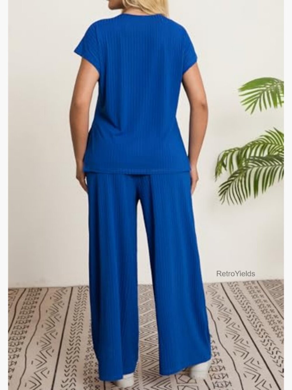 Plus Size Lounge Set Cap Sleeve Top Wide Leg Pants Matching Tracksuit Outfits - Picture 5 of 7